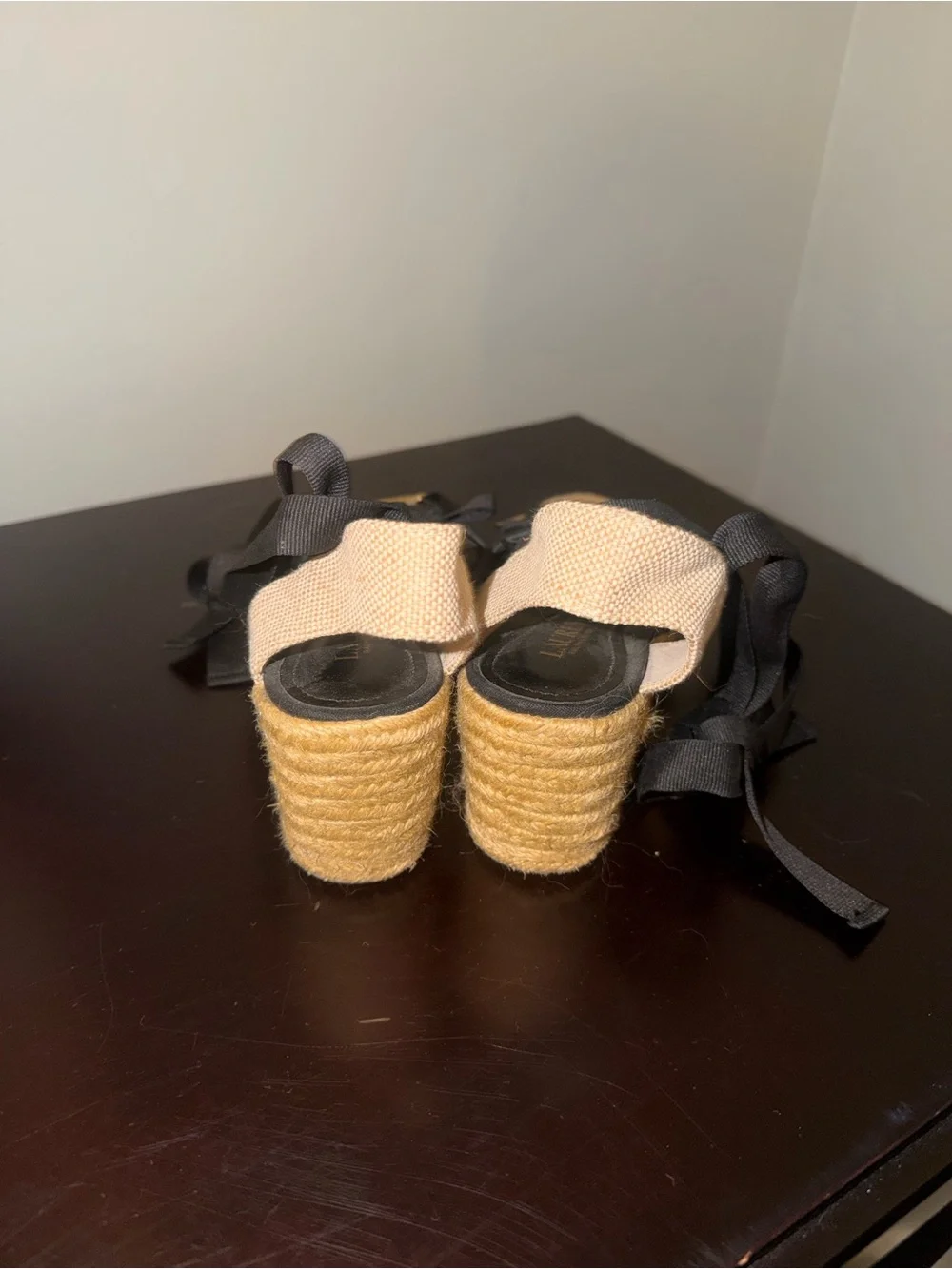 Ralph Lauren Black Canvas Espadrille Wedges with Bow and Ankle Ties